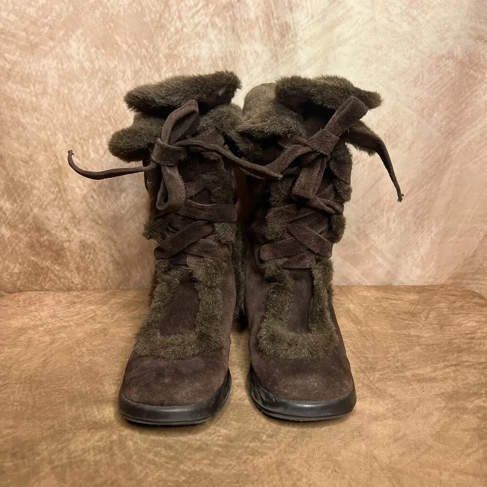 Aerosoles Calf High Faux Fur Suede Lace Up Boots Brown Winter Indie Sleaze Ski